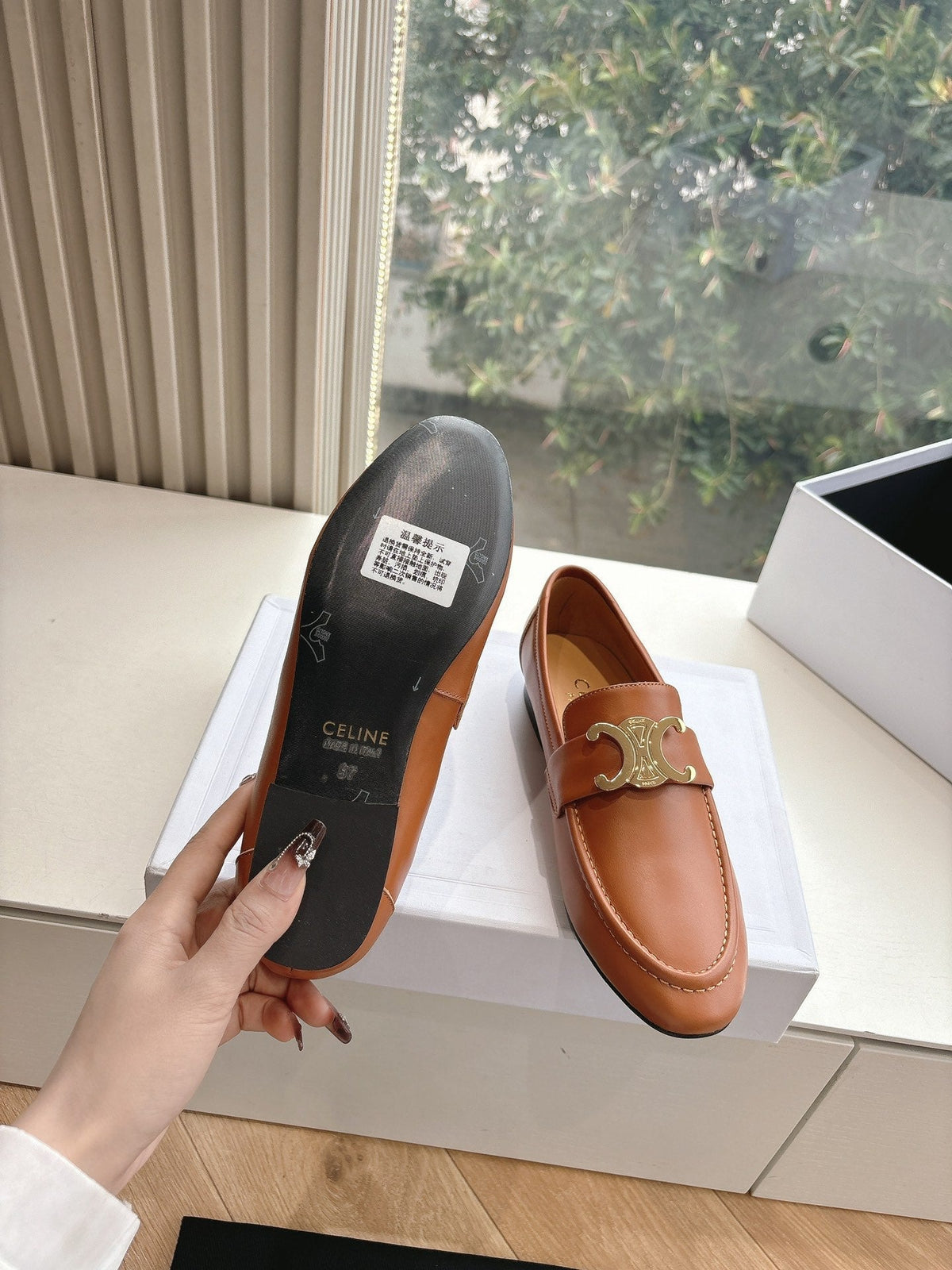 CELINE Buckle Triomphe Loafers Golden Leather