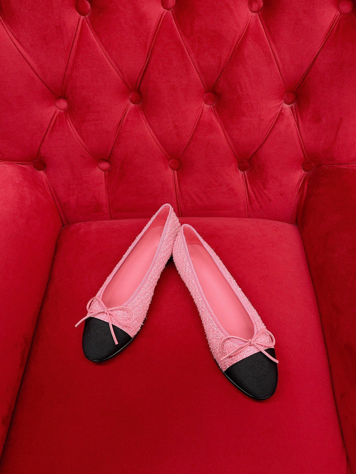 ballet flat pink black tweed grosgrain