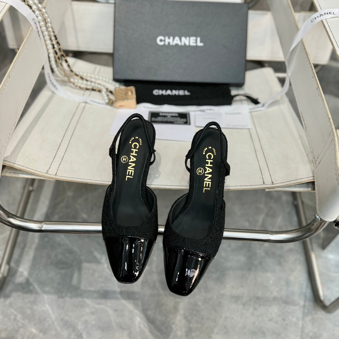 slingbacks flat tweed black patent calfskin