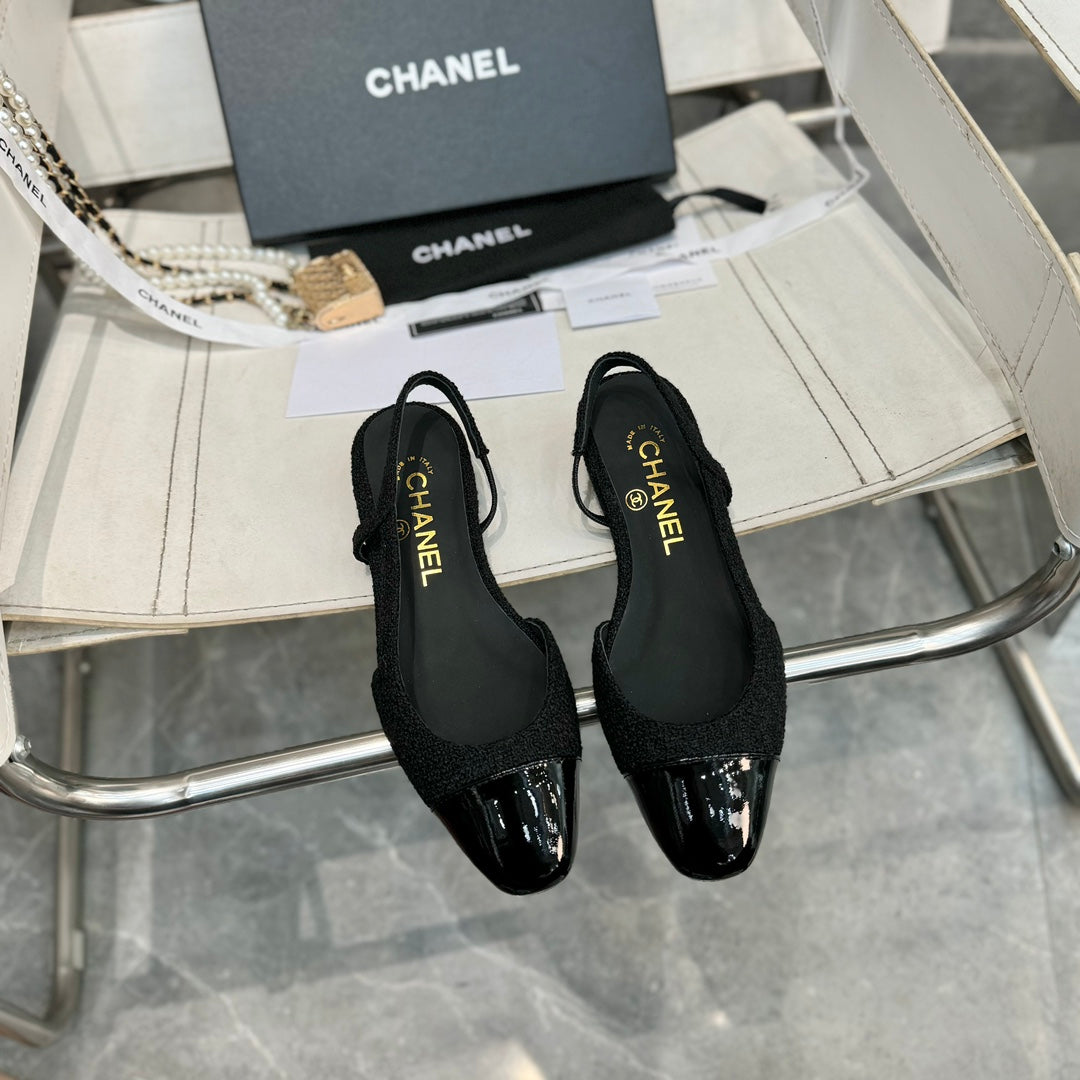 slingbacks flat tweed black patent calfskin