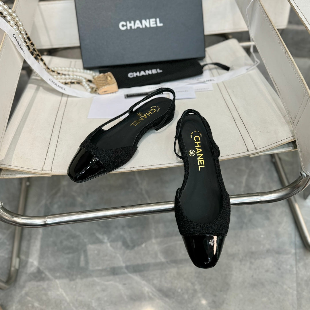 slingbacks flat tweed black patent calfskin