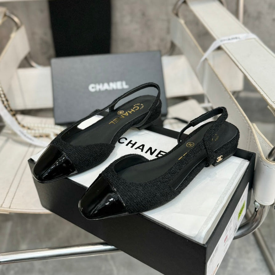 slingbacks flat tweed black patent calfskin