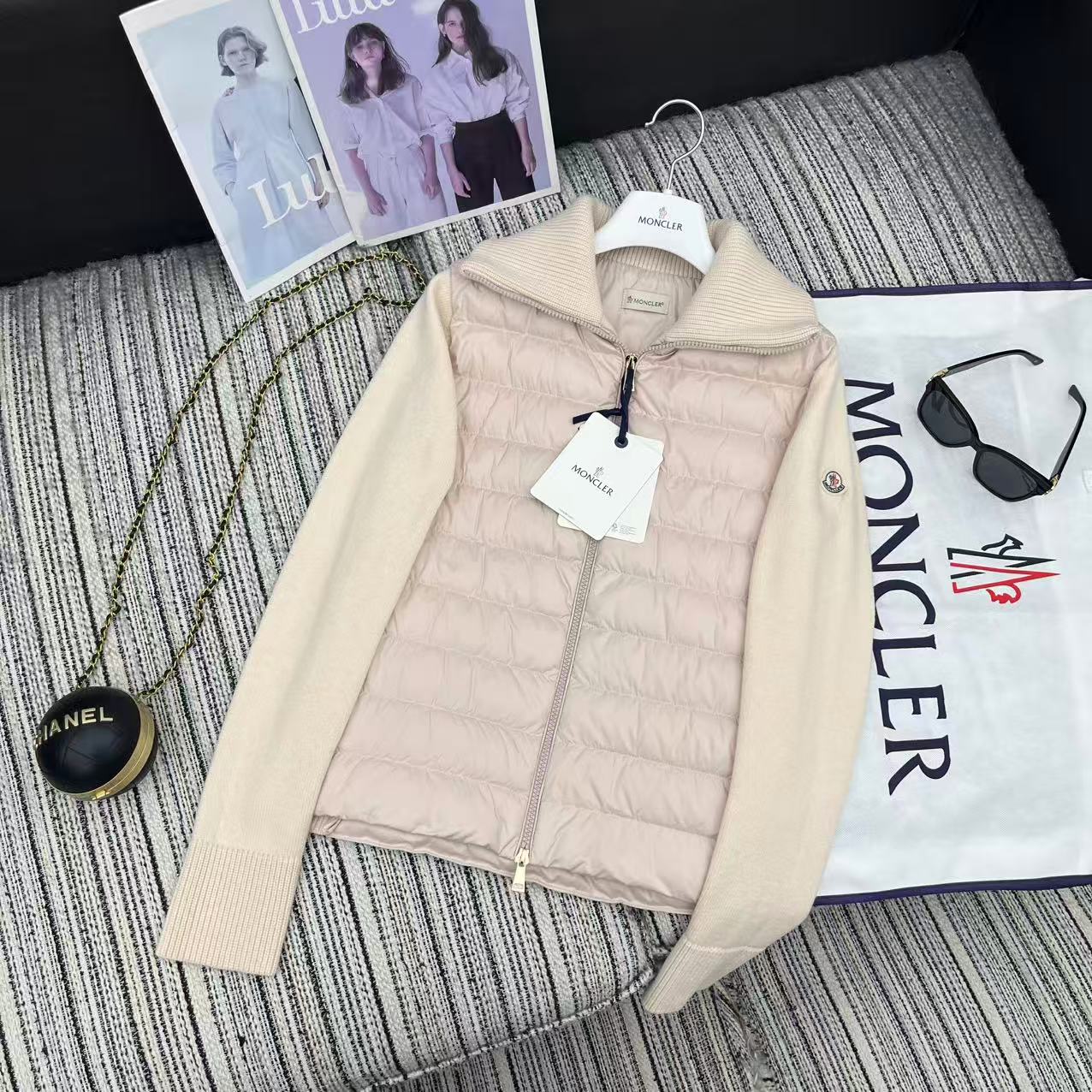 MC 2025 Quilted Knit-panel Puffer Jacket Nude Pink Polyester Wool 528746