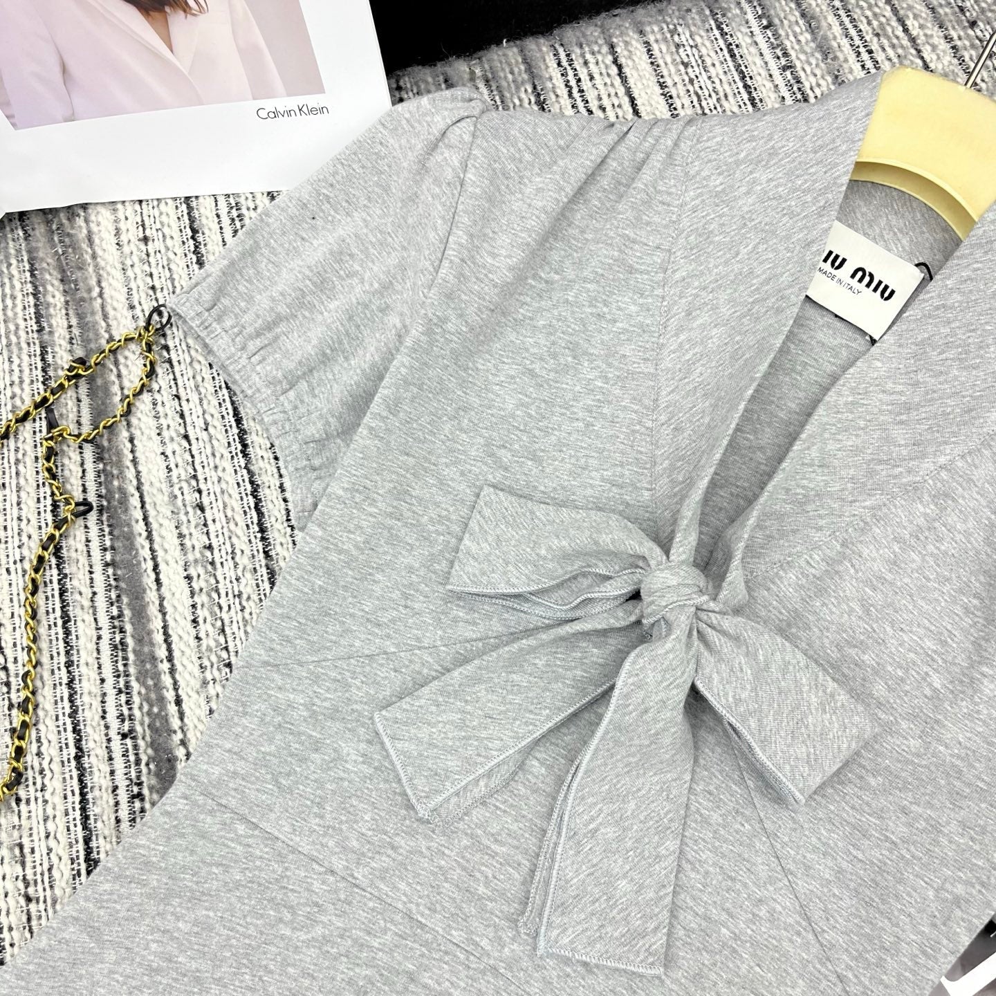 Miumiu 2026 Dress with a Bow Tie Gray Cotton