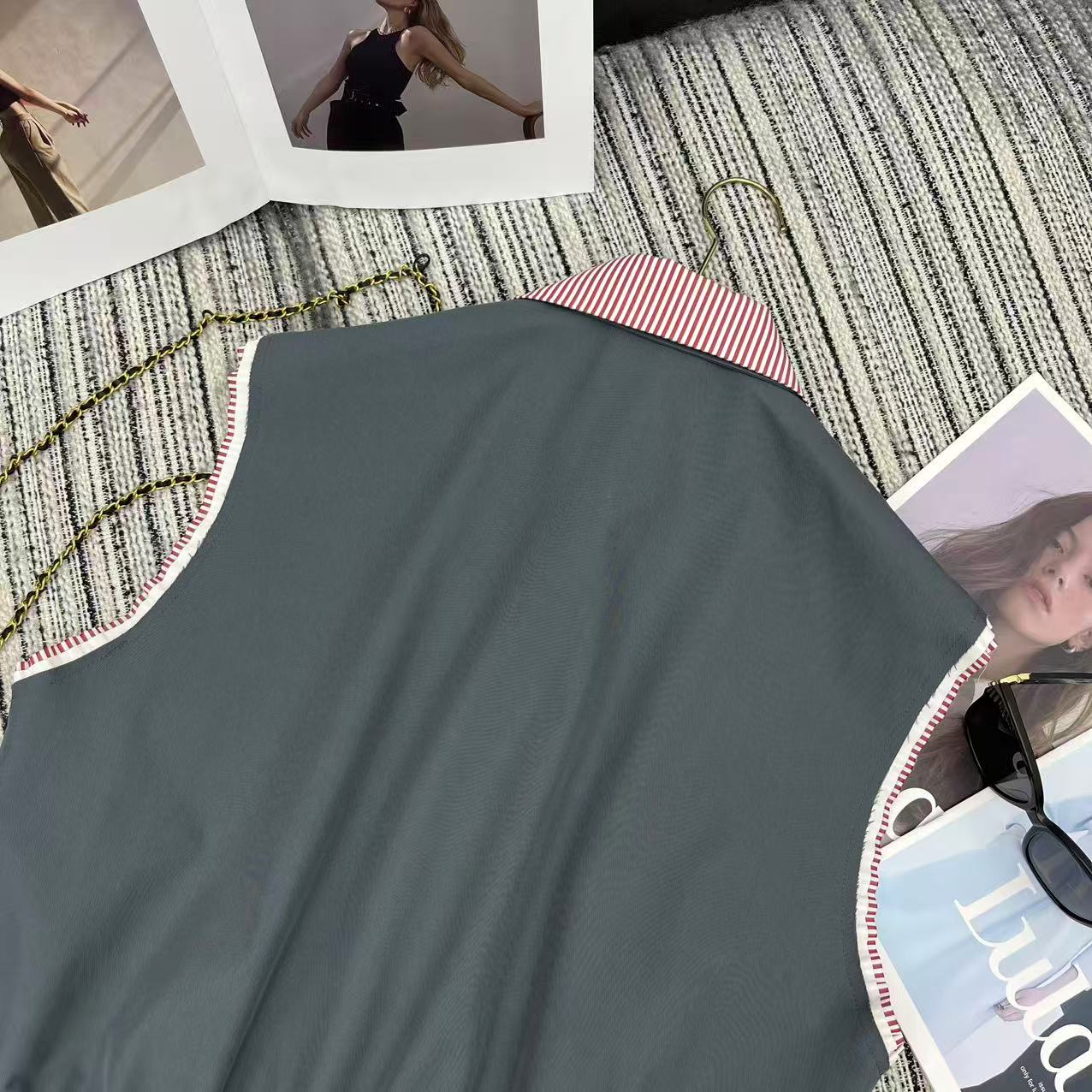 Miu Miu 2026 Striped Collared Vest Jacket Gray and Pink Cotton