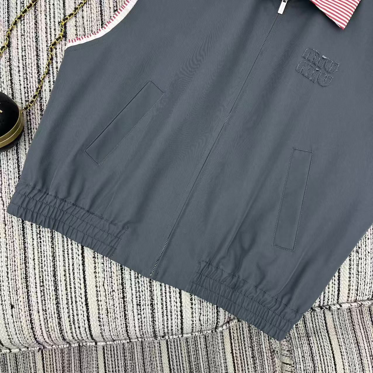 Miu Miu 2026 Striped Collared Vest Jacket Gray and Pink Cotton
