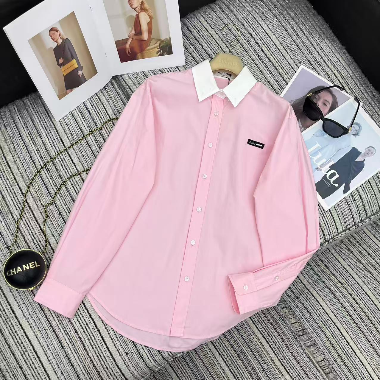 Miu Miu 2026 Long-sleeved Shirt Pink White Cotton