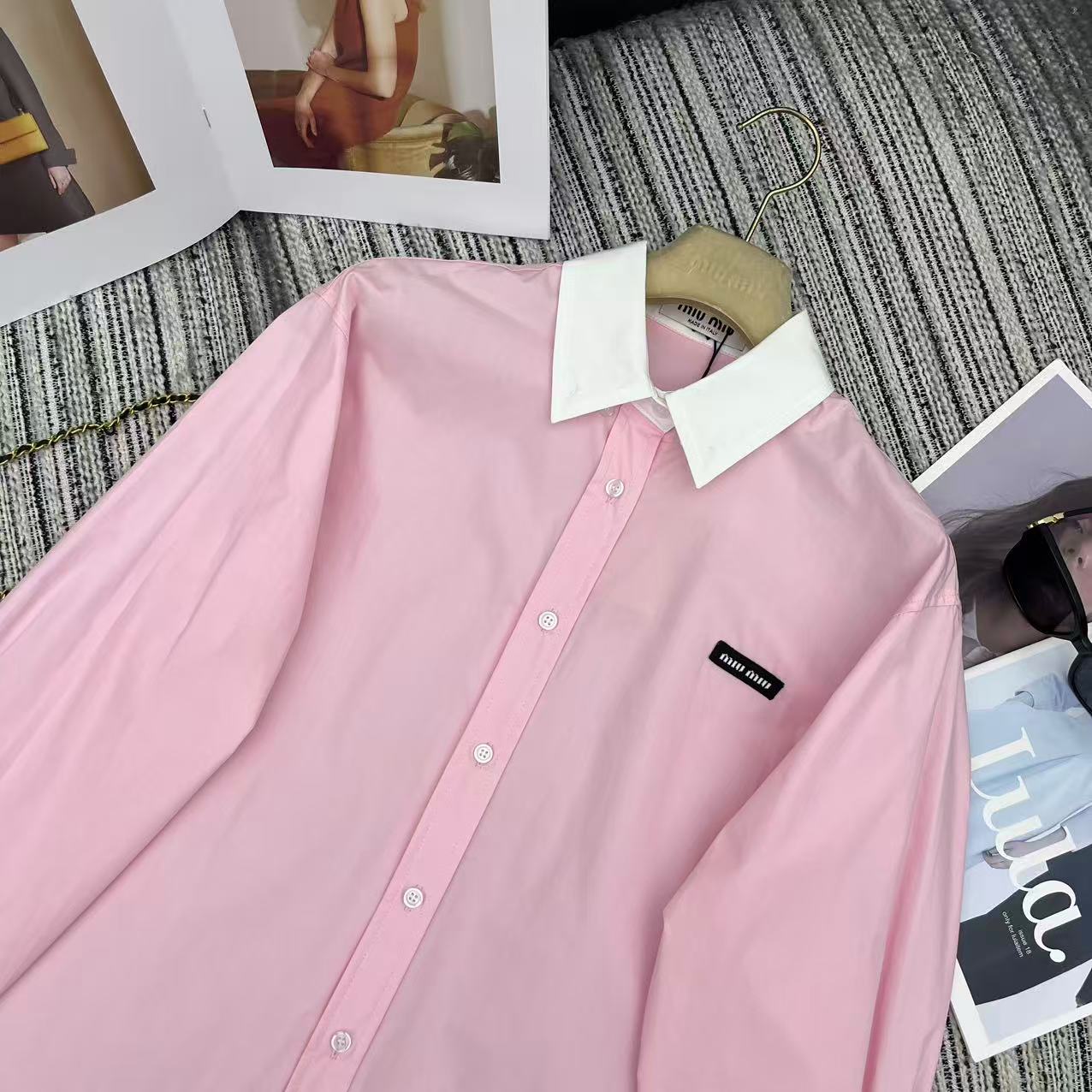 Miu Miu 2026 Long-sleeved Shirt Pink White Cotton