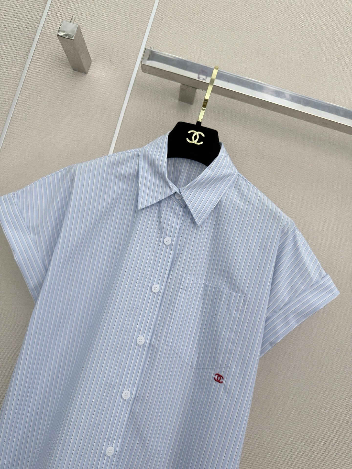 Chanel 2026 Striped Short-sleeved Shirt Blue Cotton 375209