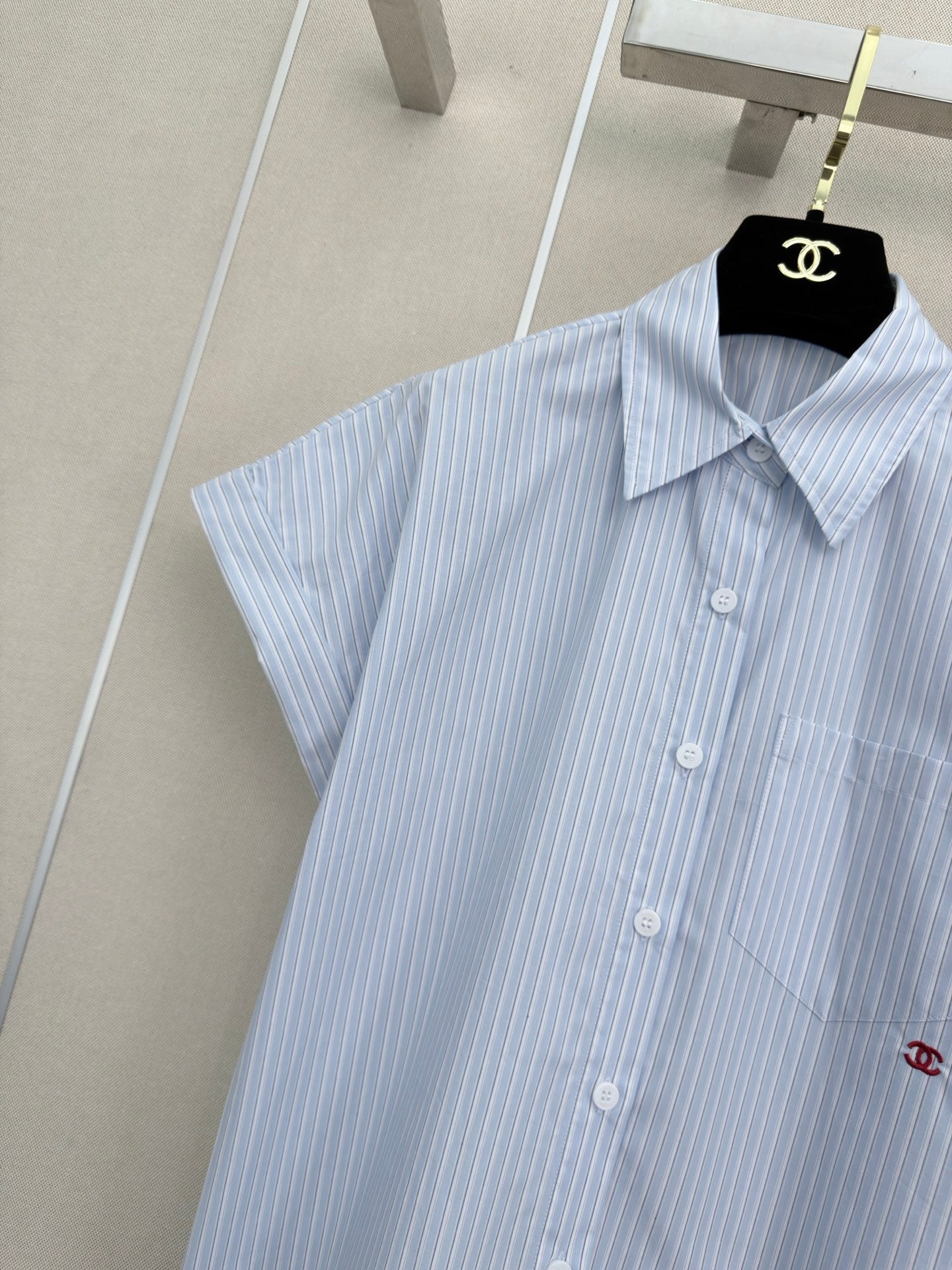 Chanel 2026 Striped Short-sleeved Shirt Blue Cotton 375209