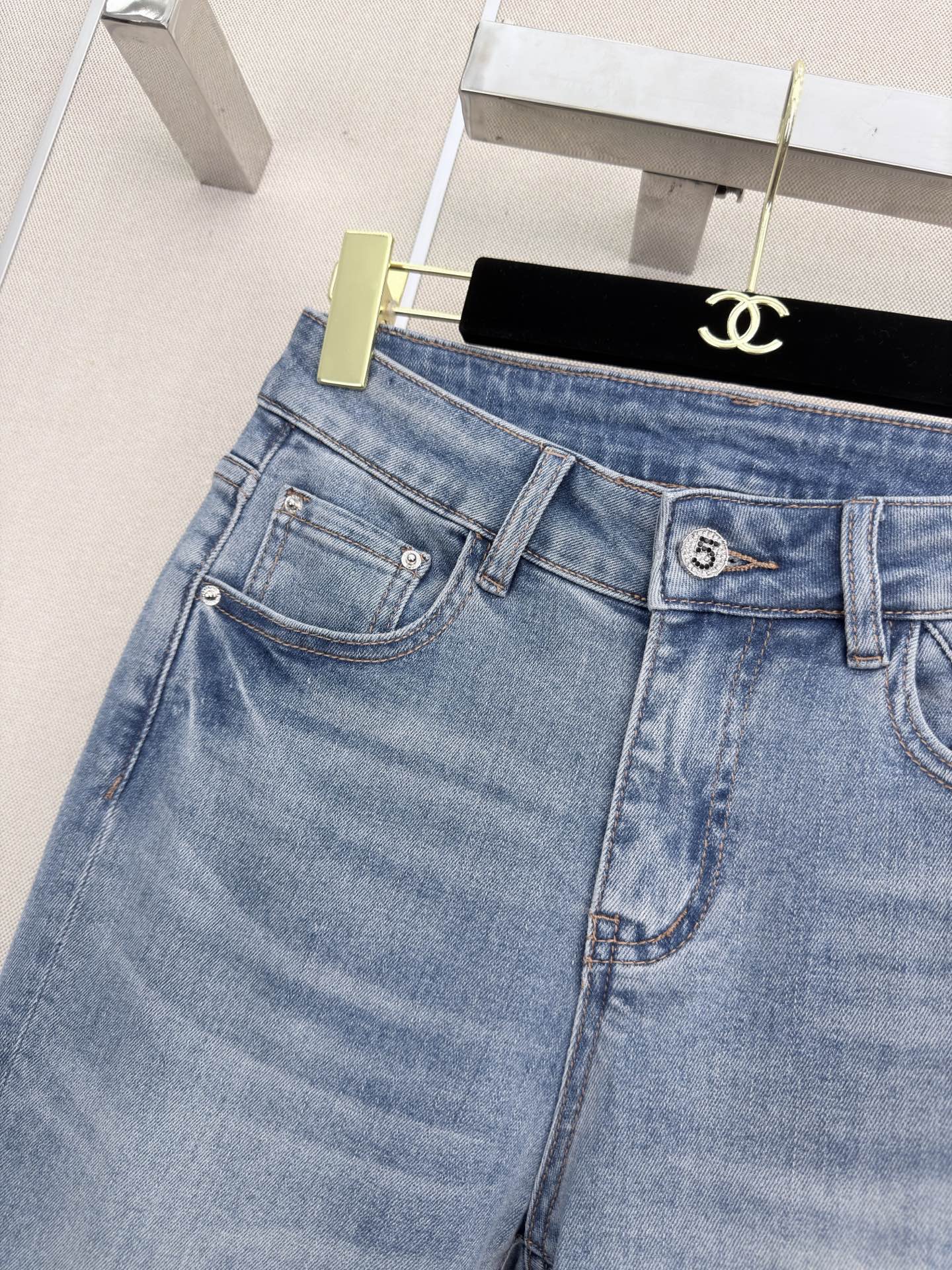 Chanel 2026 Straight-leg Jeans With Rhinestone Quilted Pockets Blue Cotton 377049