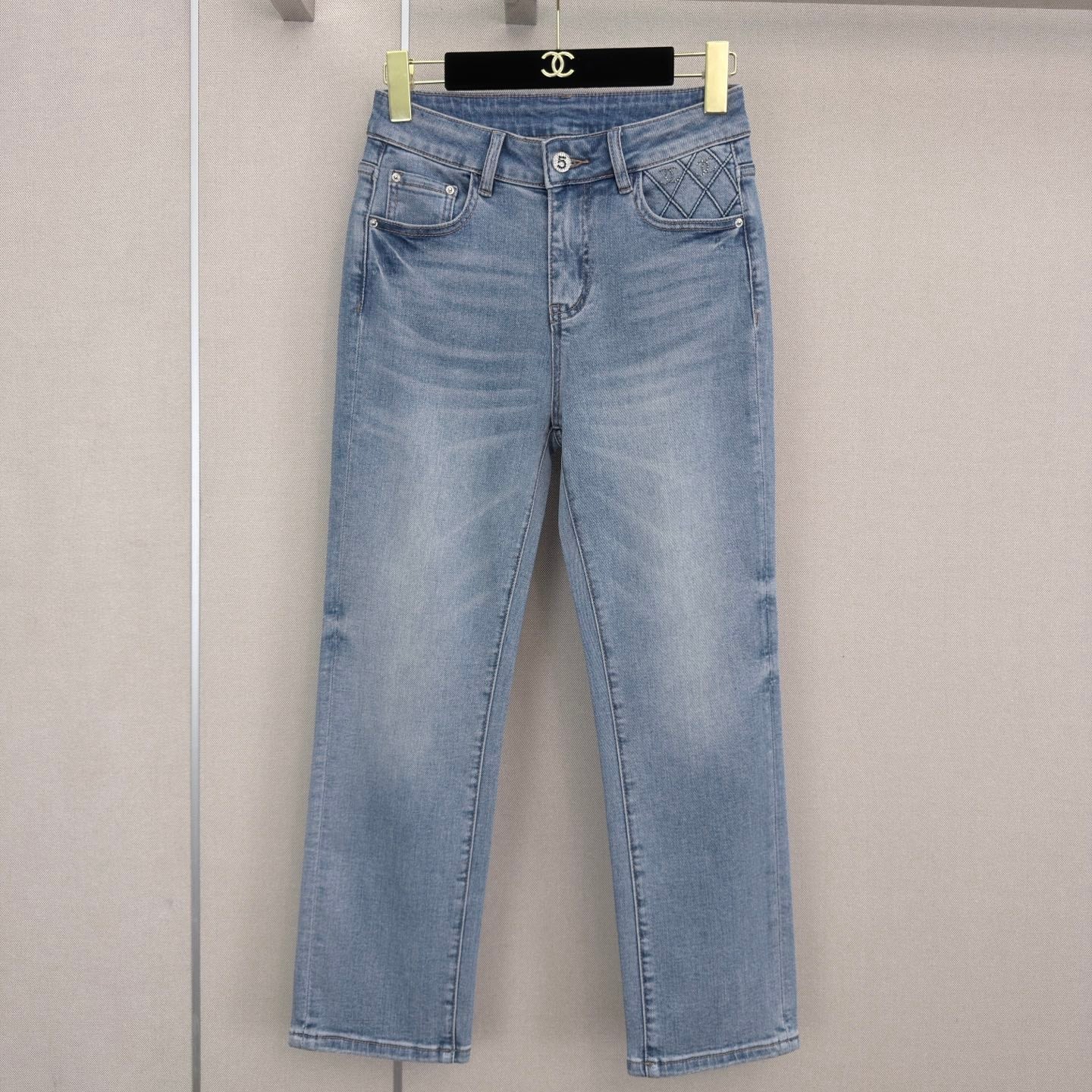 Chanel 2026 Straight-leg Jeans With Rhinestone Quilted Pockets Blue Cotton 377049