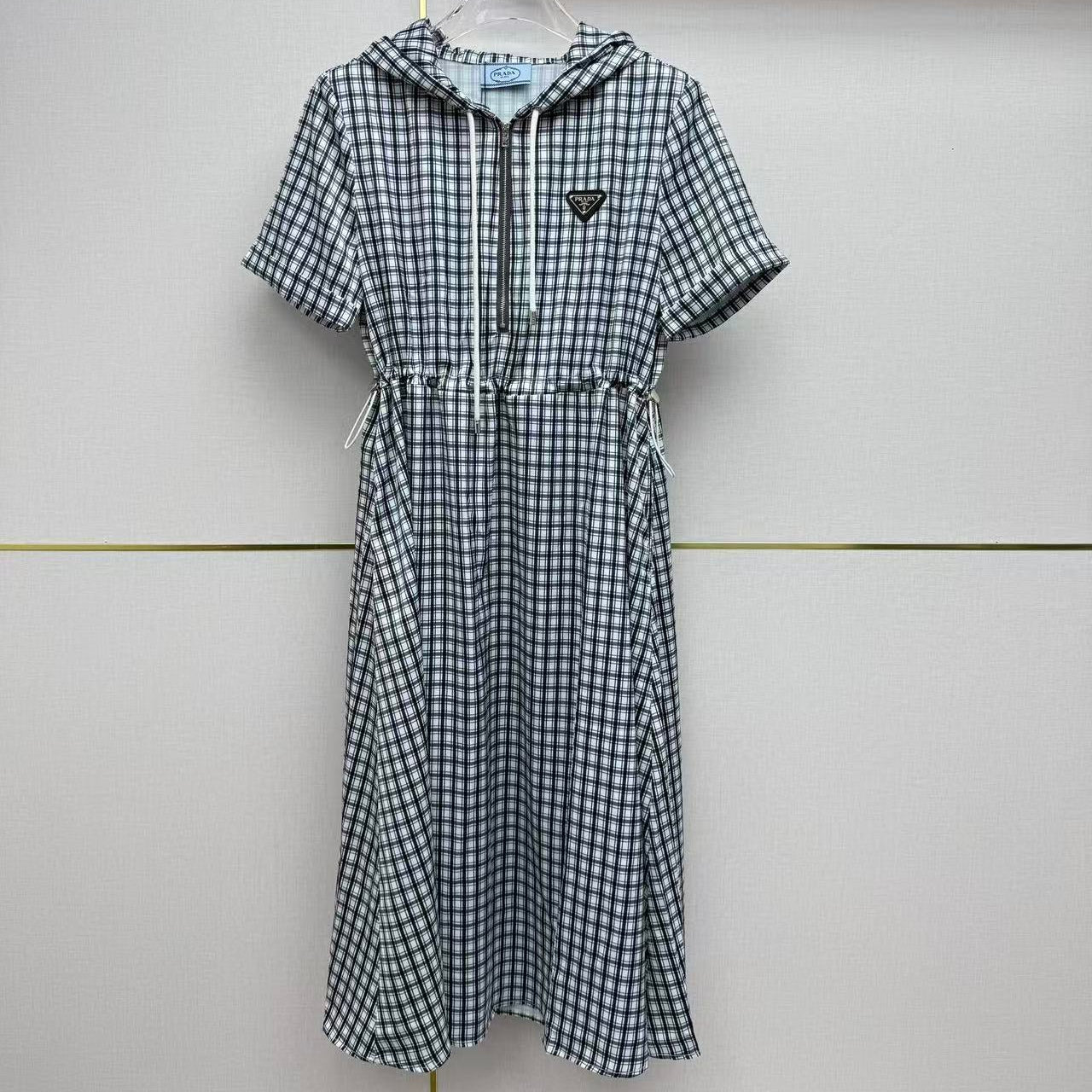 Prada 2026 Hooded Plaid Dress Black White Cotton 396904