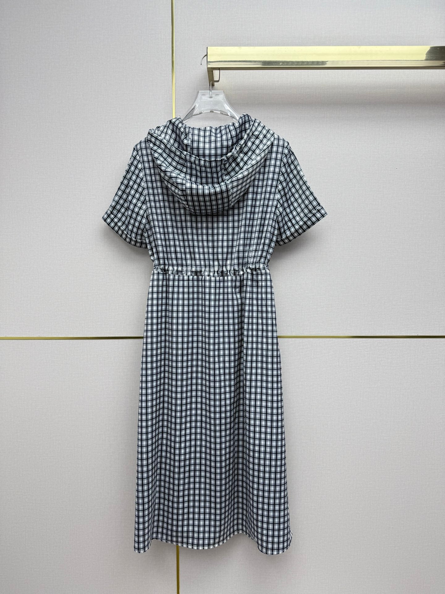 Prada 2026 Hooded Plaid Dress Black White Cotton 396904