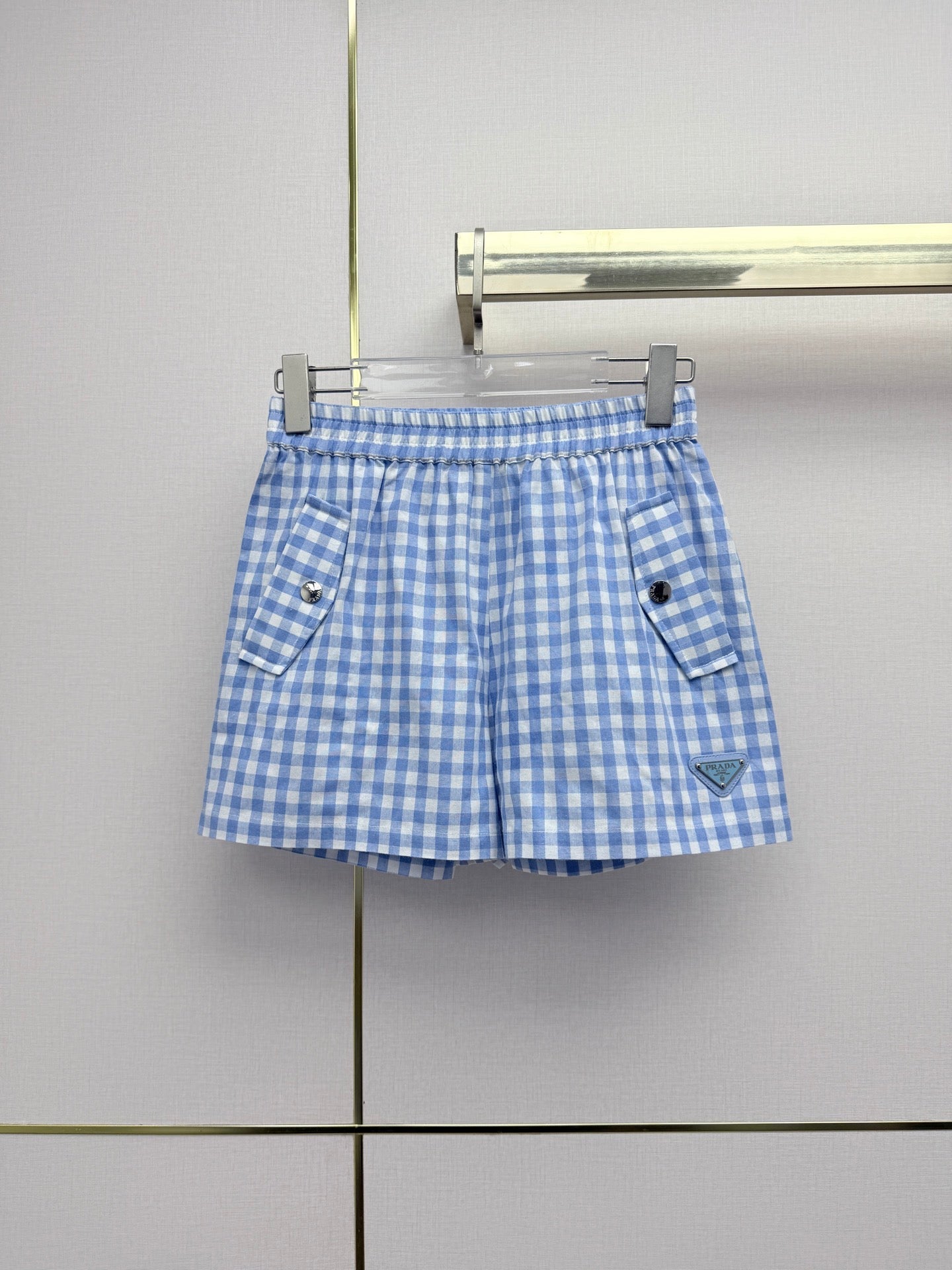 Prada 2026 Plaid Top With Short Blue White Cotton 393519