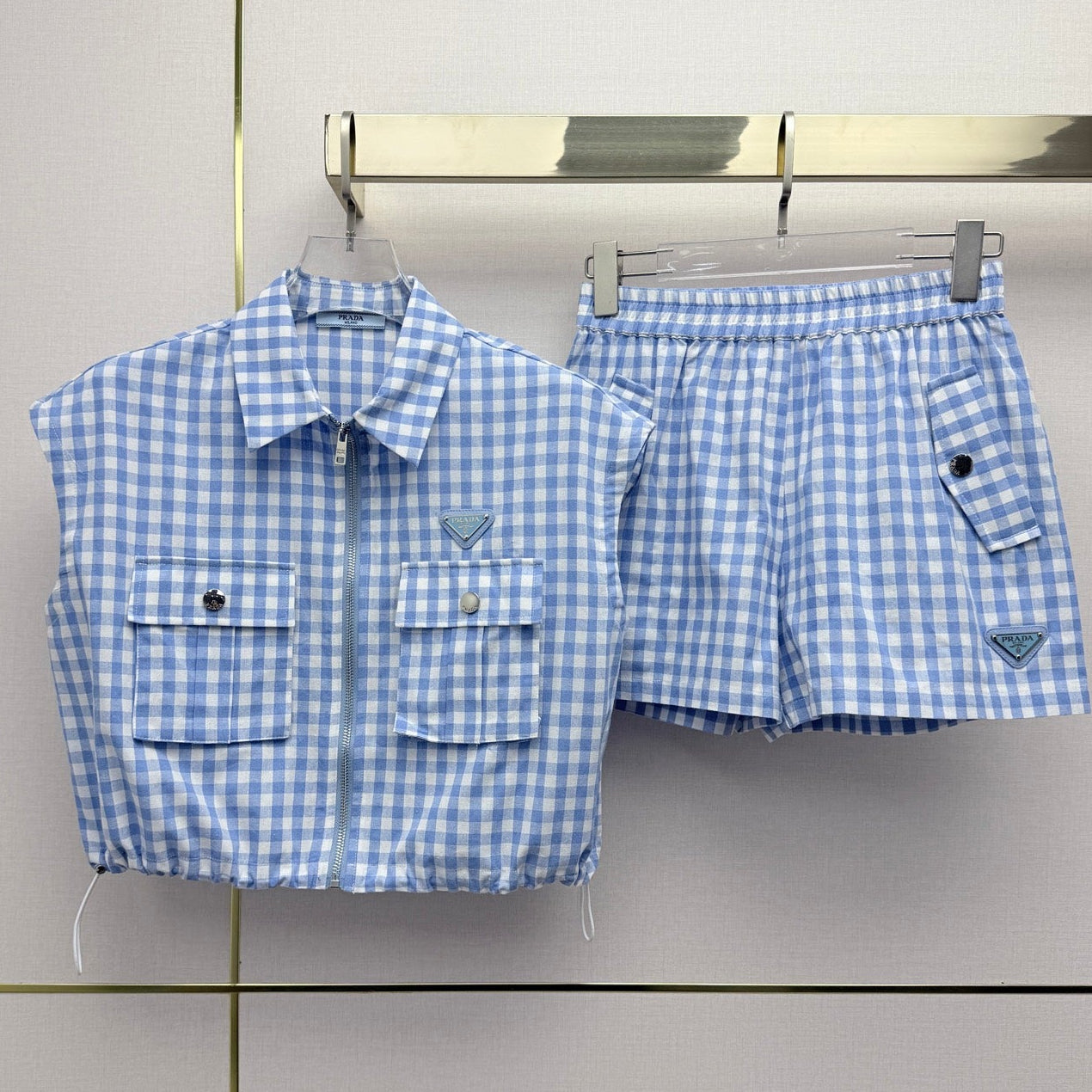 Prada 2026 Plaid Top With Short Blue White Cotton 393519