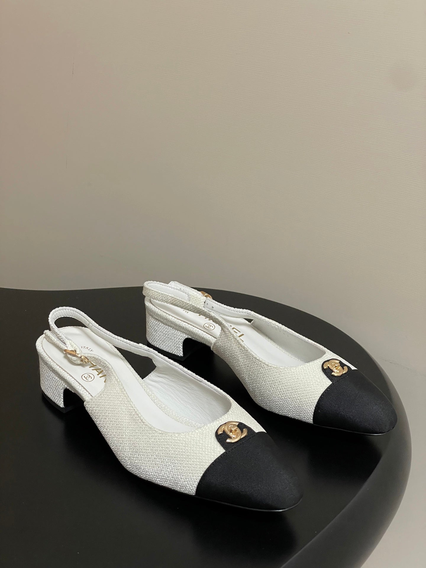 Chanel 25 Slingback Black White Lambskin Fabric 473211