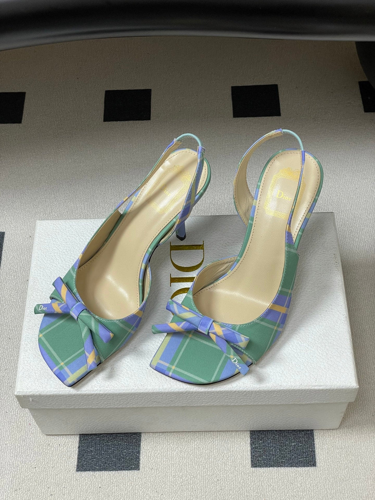 CD 26 Slingback 85 Green Blue Leather Silk Fabric 593601
