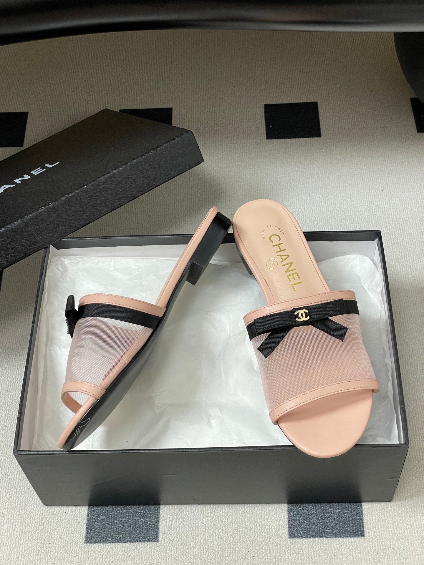 CC 2026 Sandal Bow Mesh Calfskin