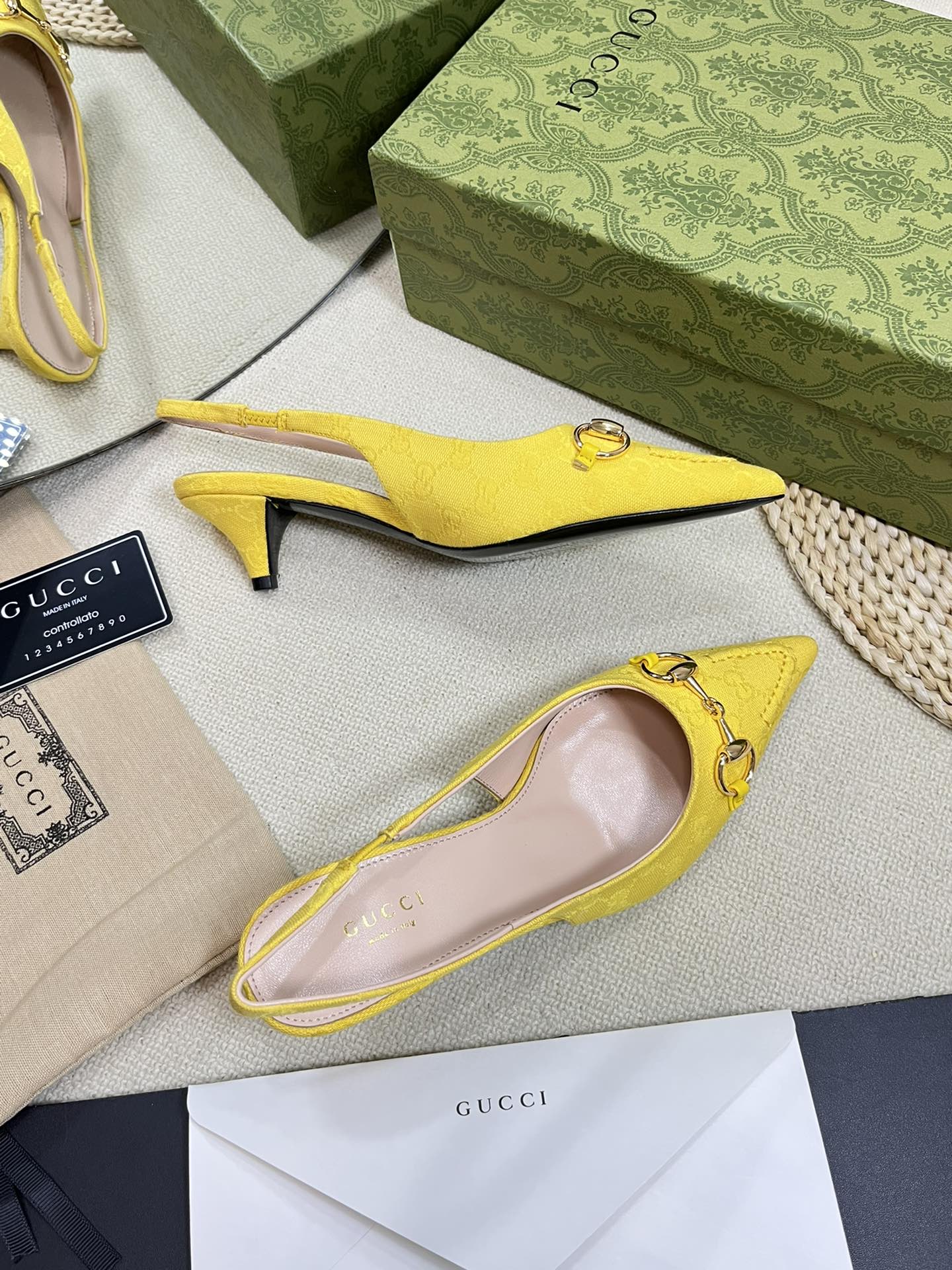 GC Horsebit Slingback Pump 50mm Yellow Canvas Sheepskin 294545