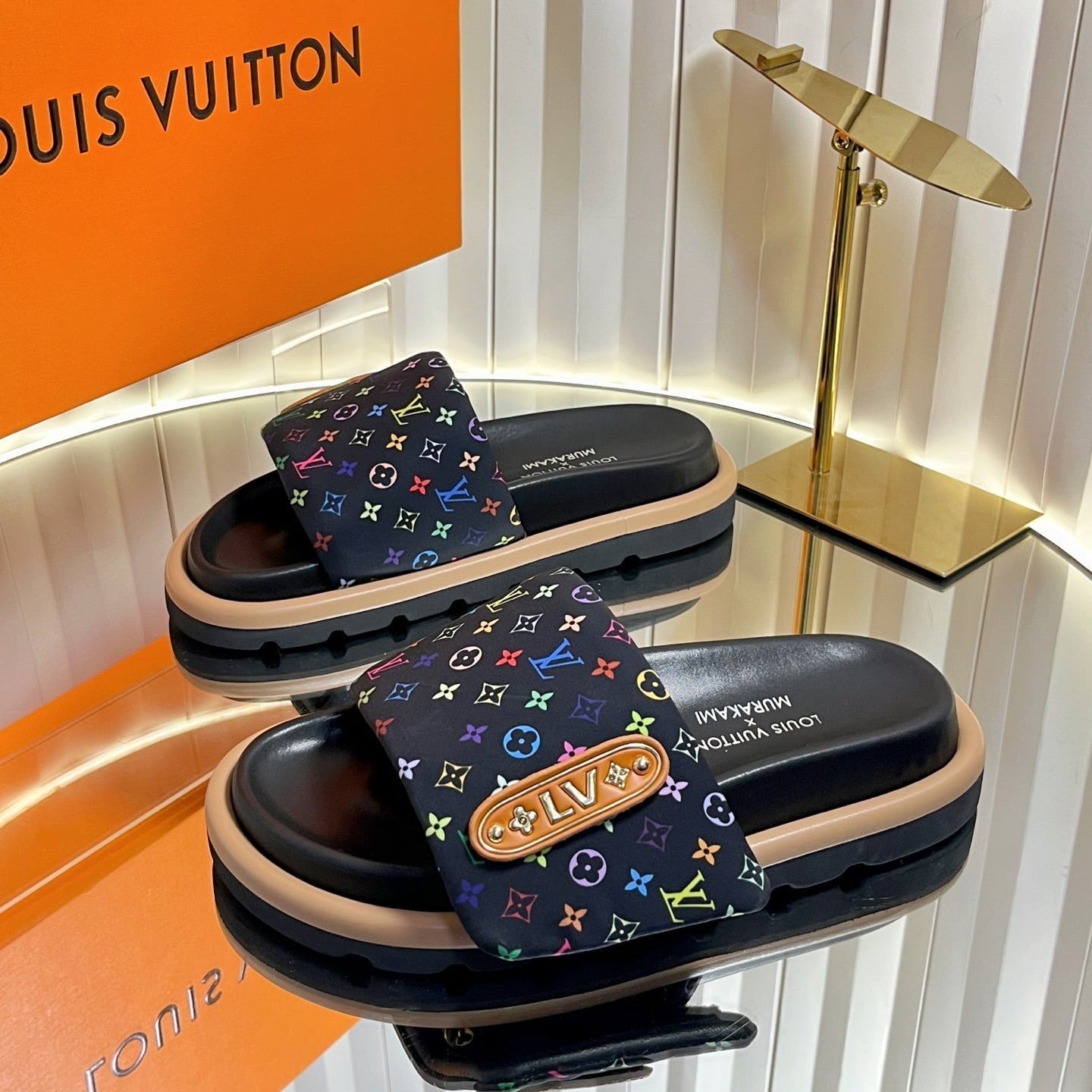 LV 26s Slippers Black Multicolor Fabric Sheepskin 616354