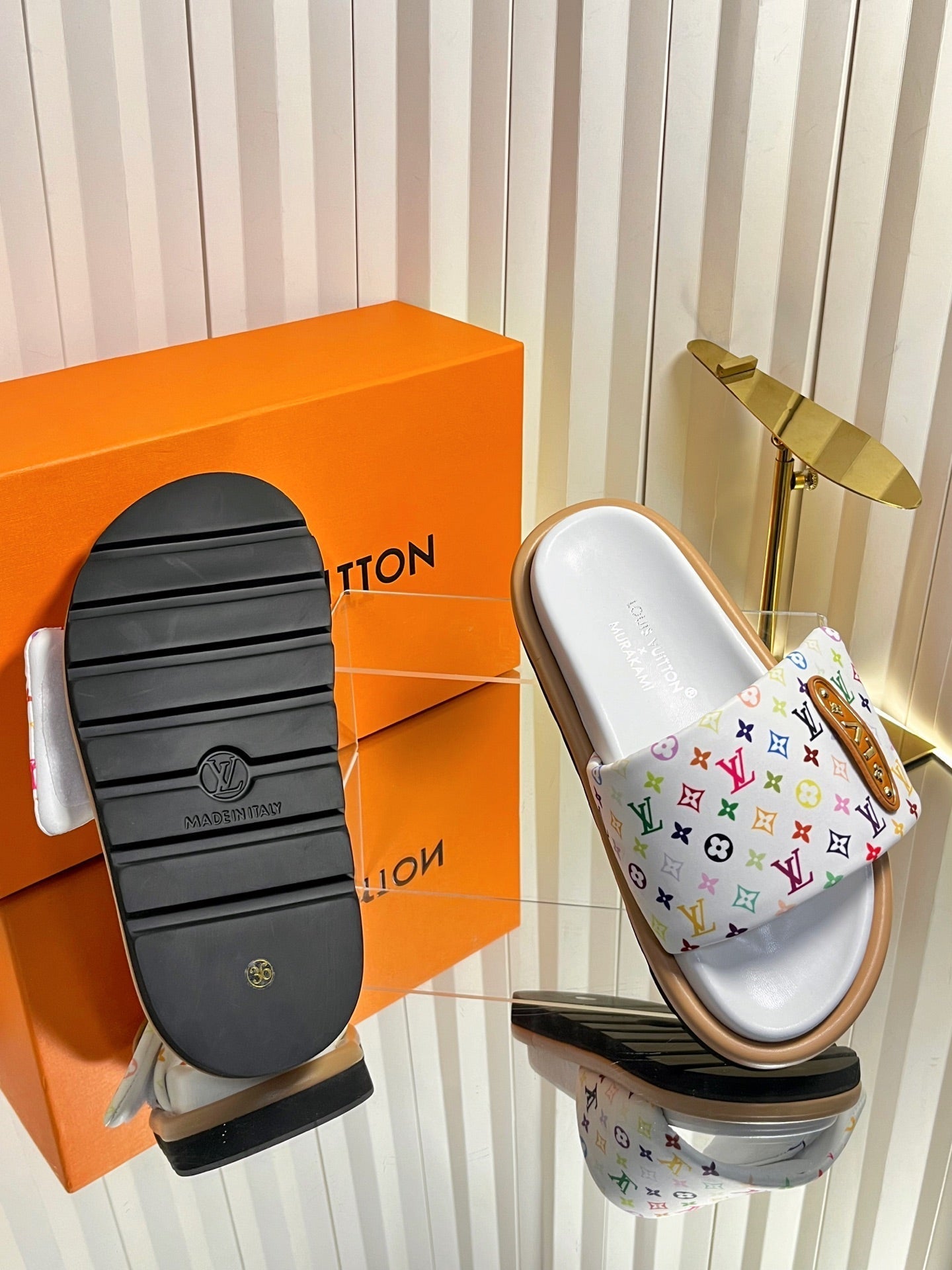 LV 26s Slippers White Multicolor Fabric Sheepskin 616355