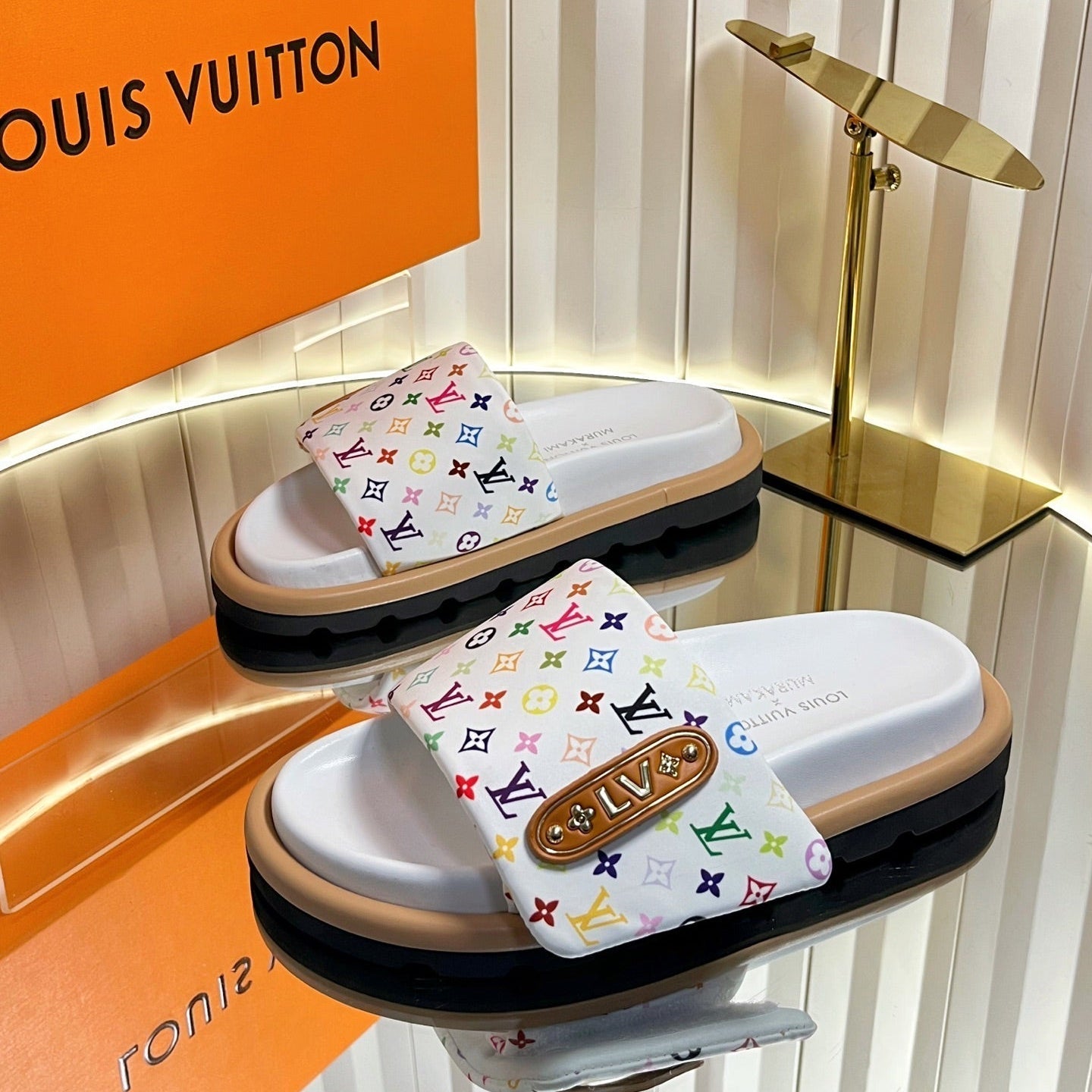 LV 26s Slippers White Multicolor Fabric Sheepskin 616355