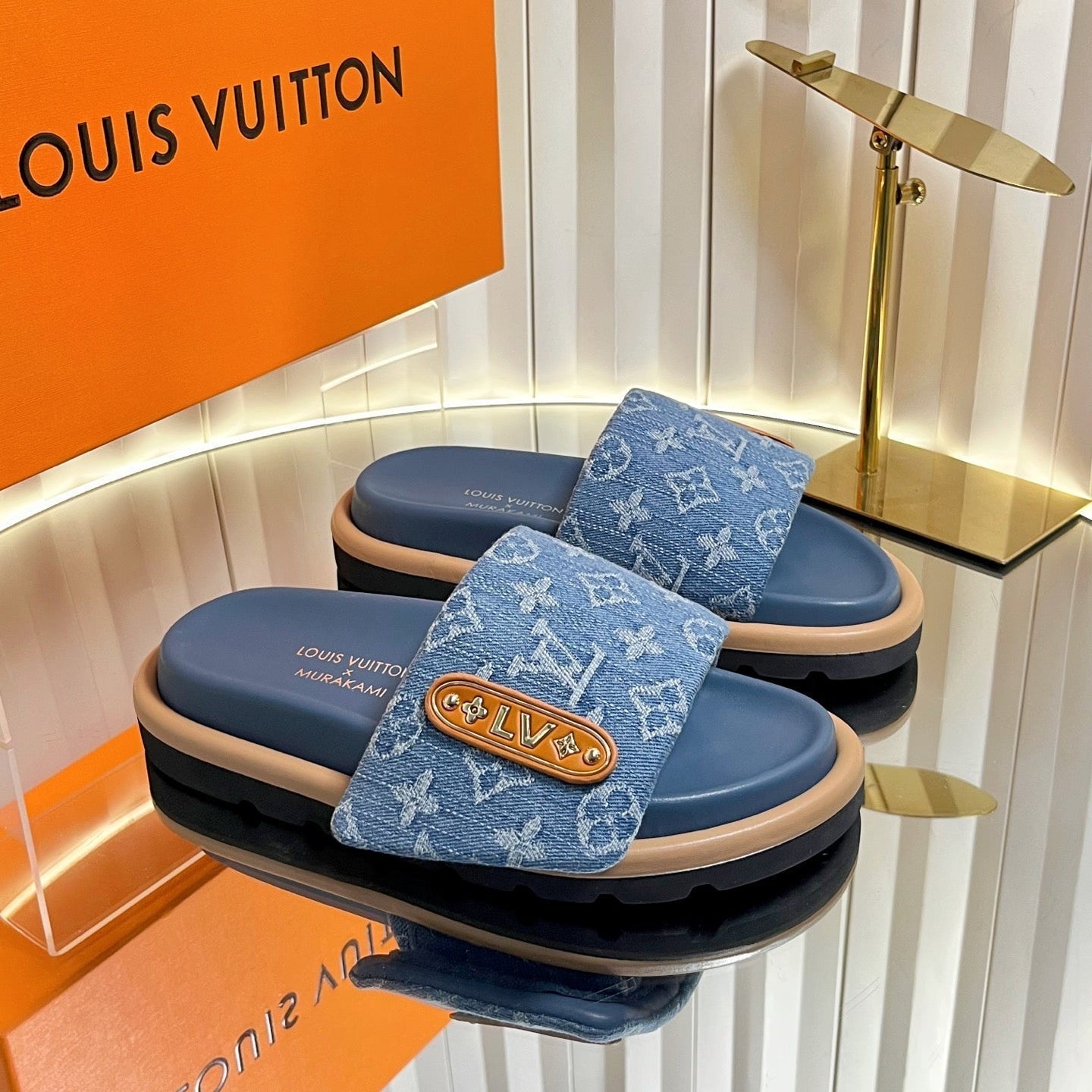 LV 26s Slippers Blue Denim Sheepskin 616357