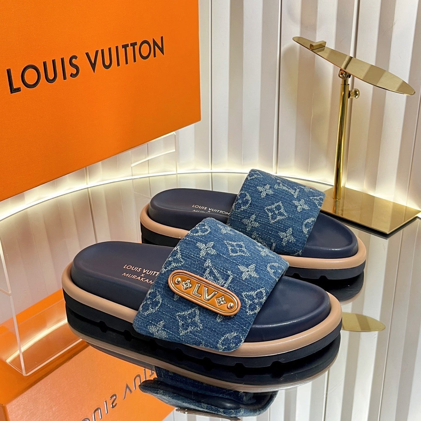 LV 26s Slippers Dark Blue Denim Sheepskin 616358