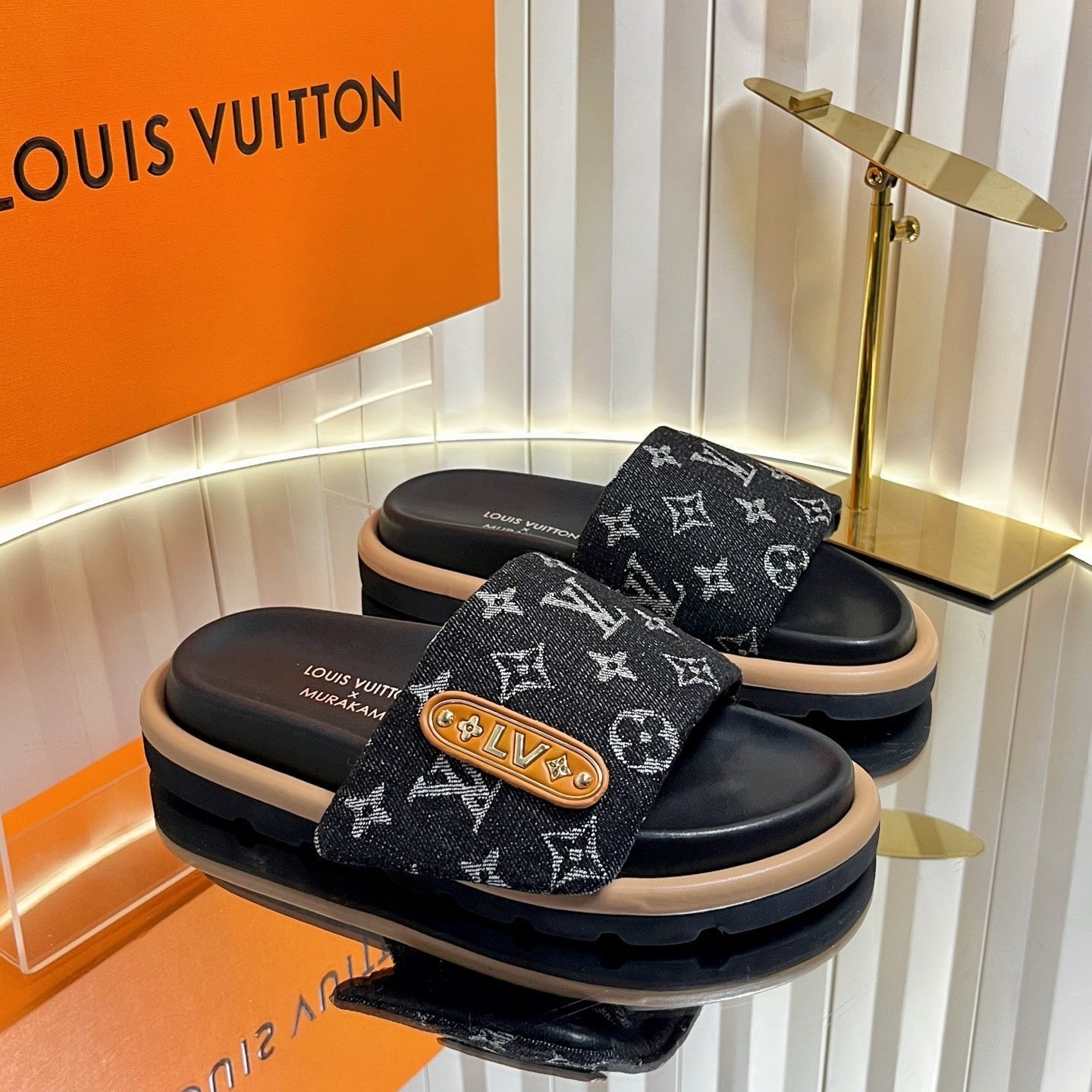 LV 26s Slippers Black Denim Sheepskin 616359