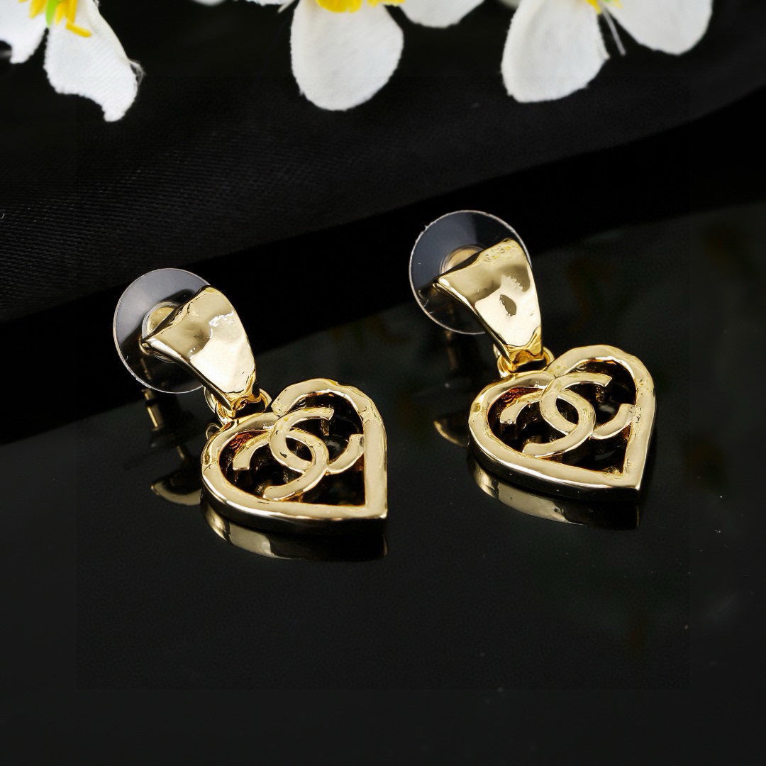 CC Heart Shaped Gold Double C Earrings