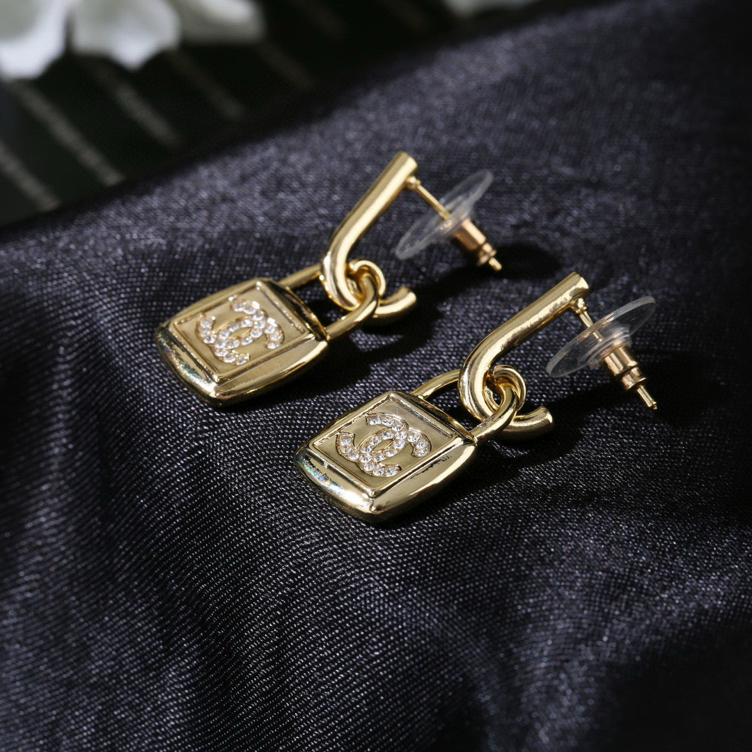 CC Lock Shaped Gold Diamond Earring
