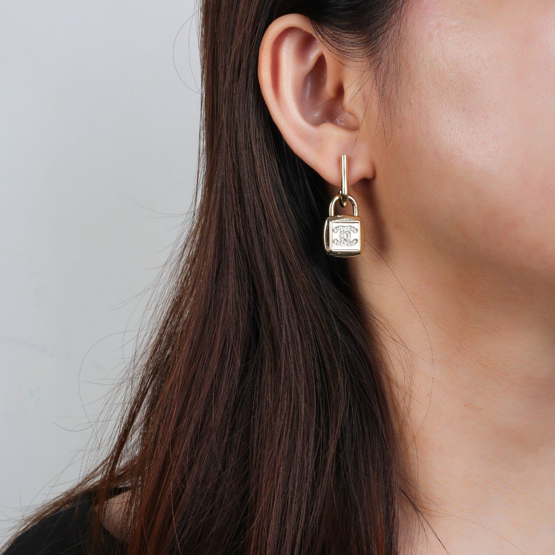 CC Lock Shaped Gold Diamond Earring