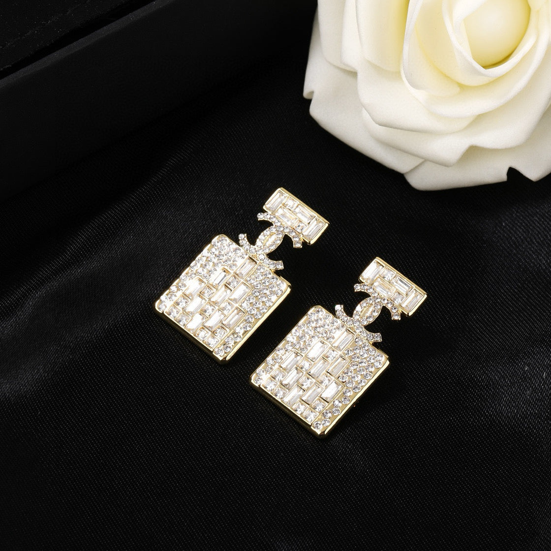 CC Perfume Bottle Gold Diamond Earrings