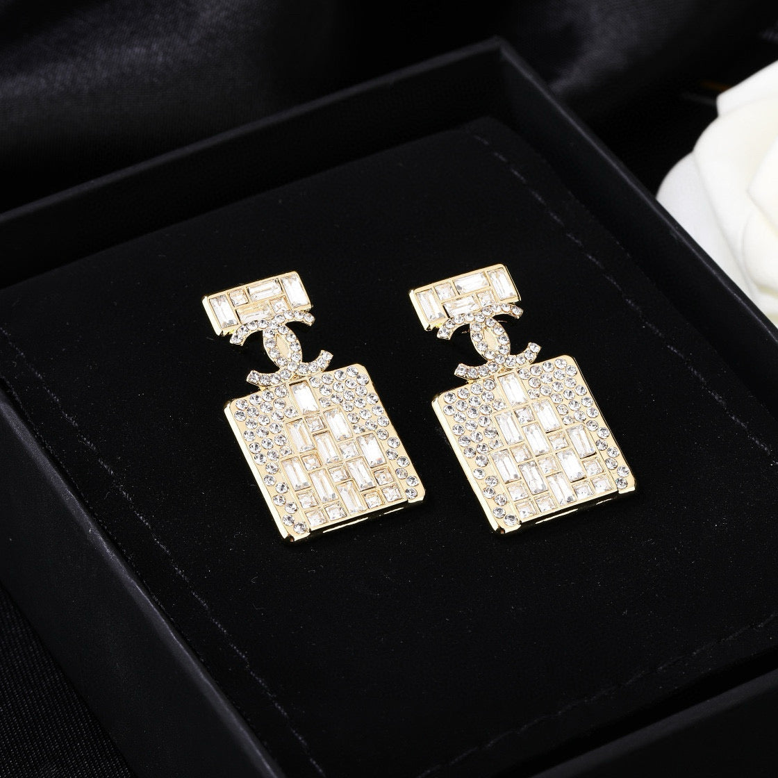 CC Perfume Bottle Gold Diamond Earrings
