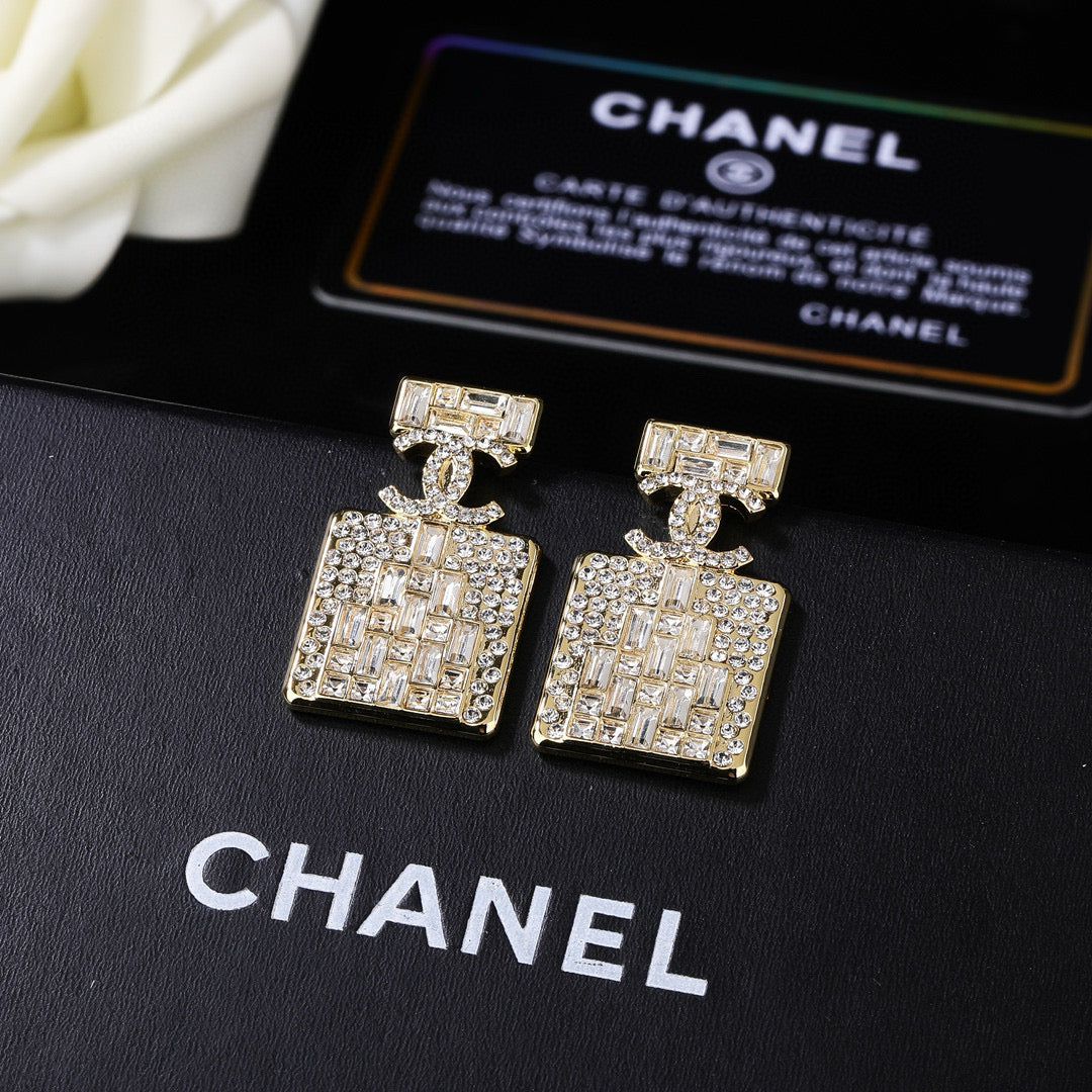 CC Perfume Bottle Gold Diamond Earrings