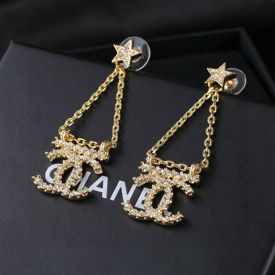 CC Pendant Double C Star Diamond Gold Earrings