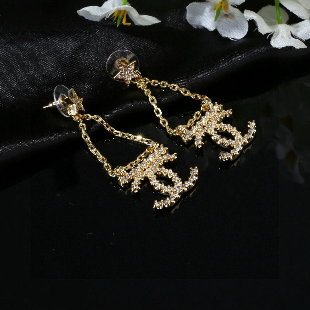 CC Pendant Double C Star Diamond Gold Earrings