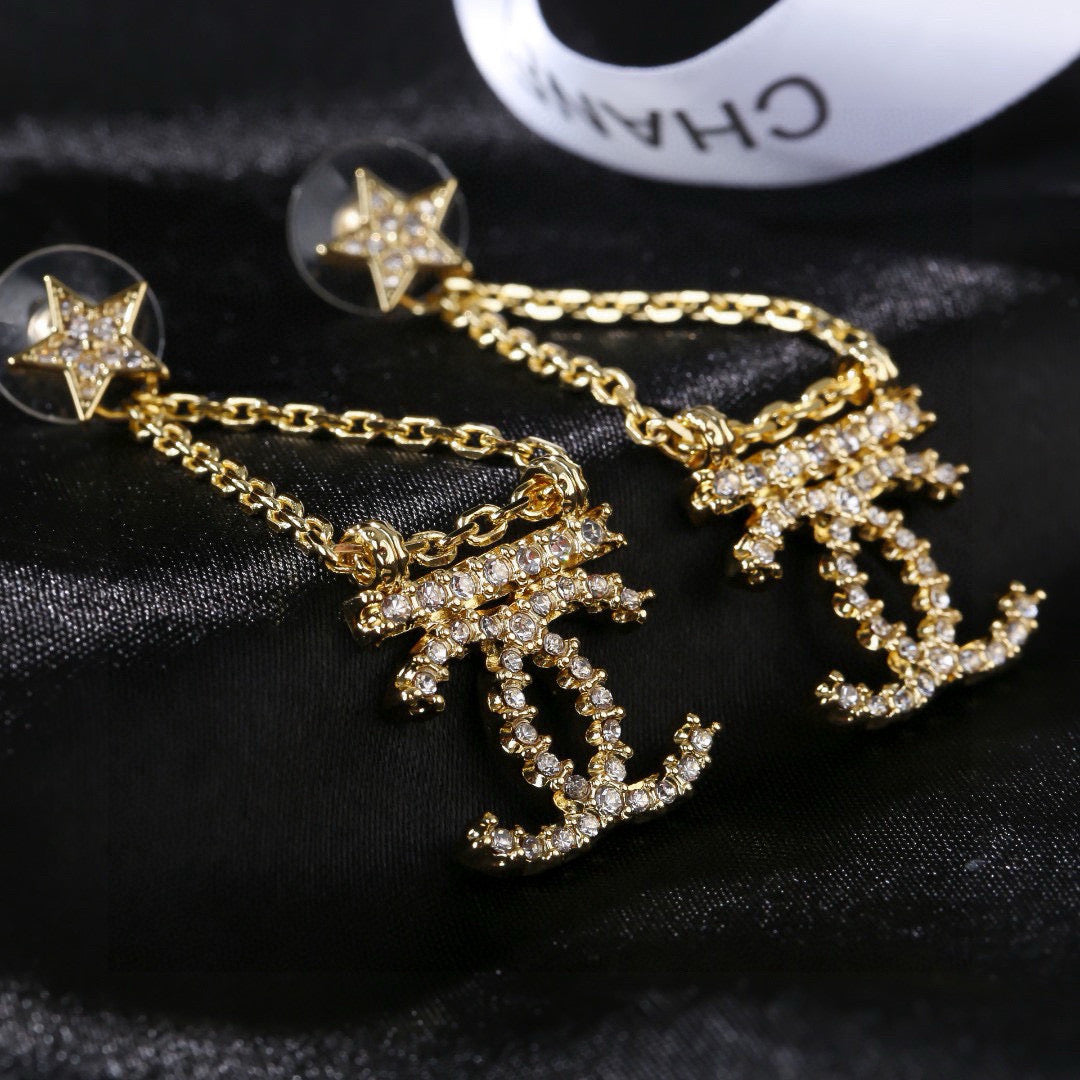 CC Pendant Double C Star Diamond Gold Earrings