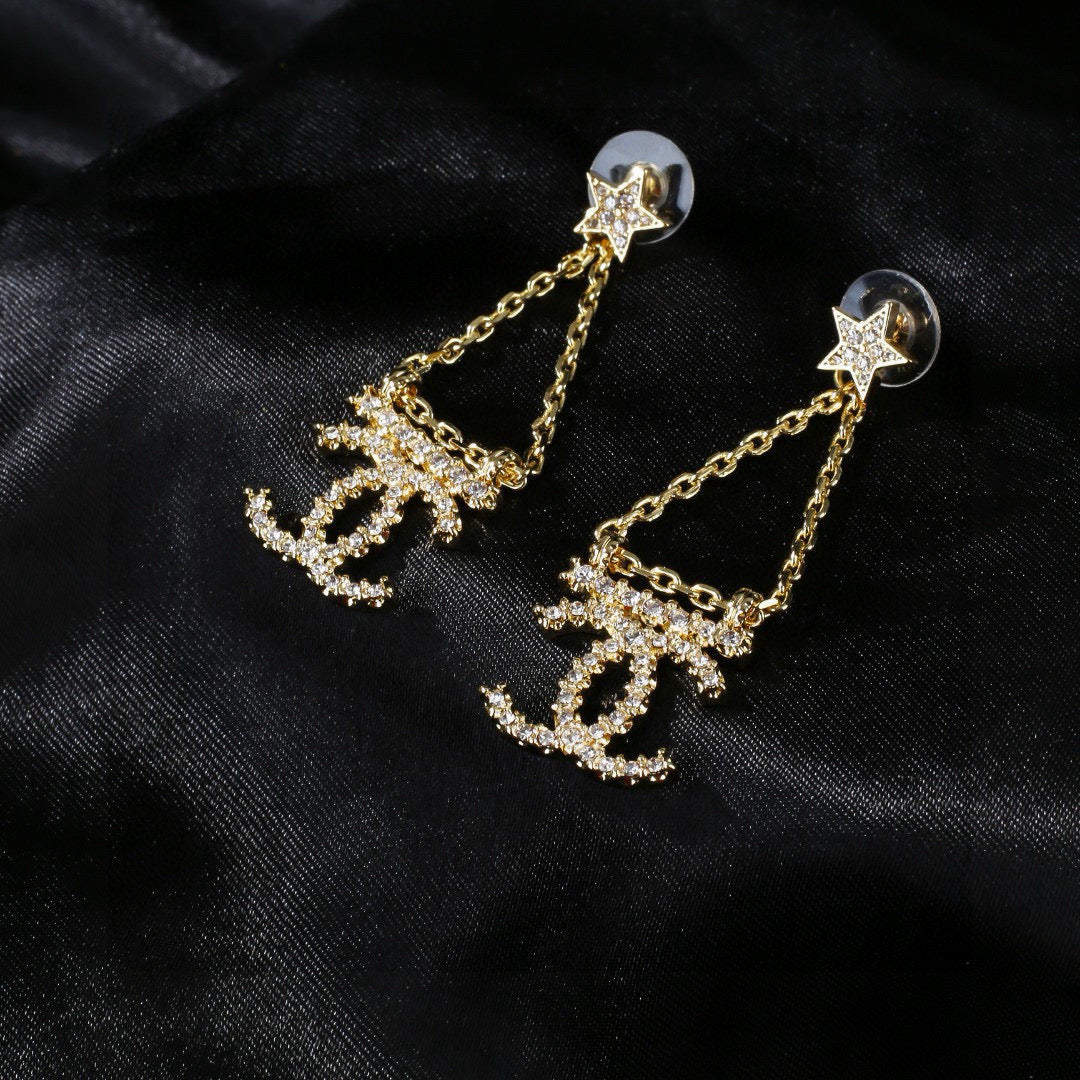 CC Pendant Double C Star Diamond Gold Earrings