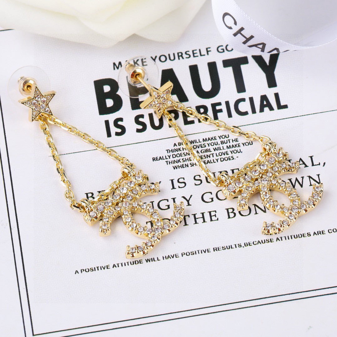 CC Pendant Double C Star Diamond Gold Earrings