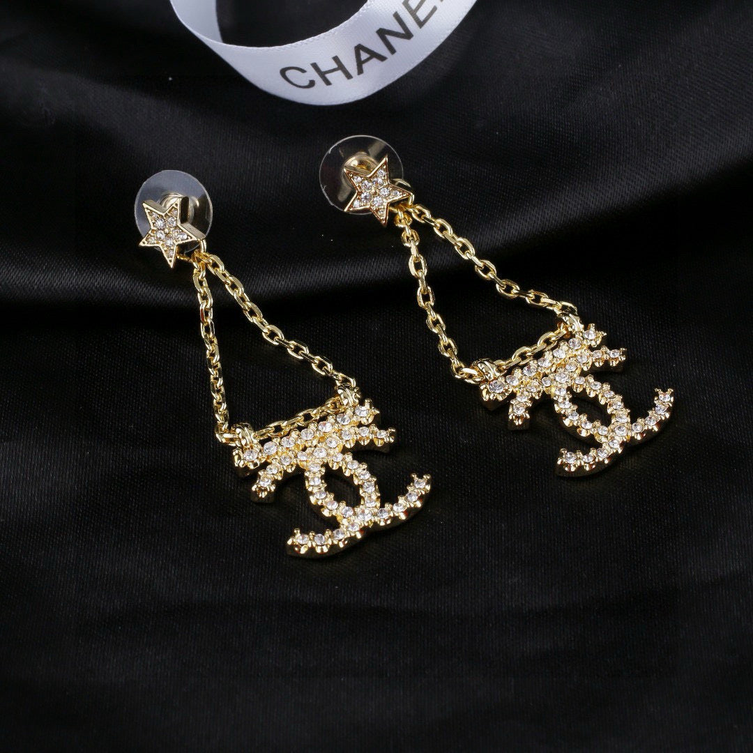 CC Pendant Double C Star Diamond Gold Earrings