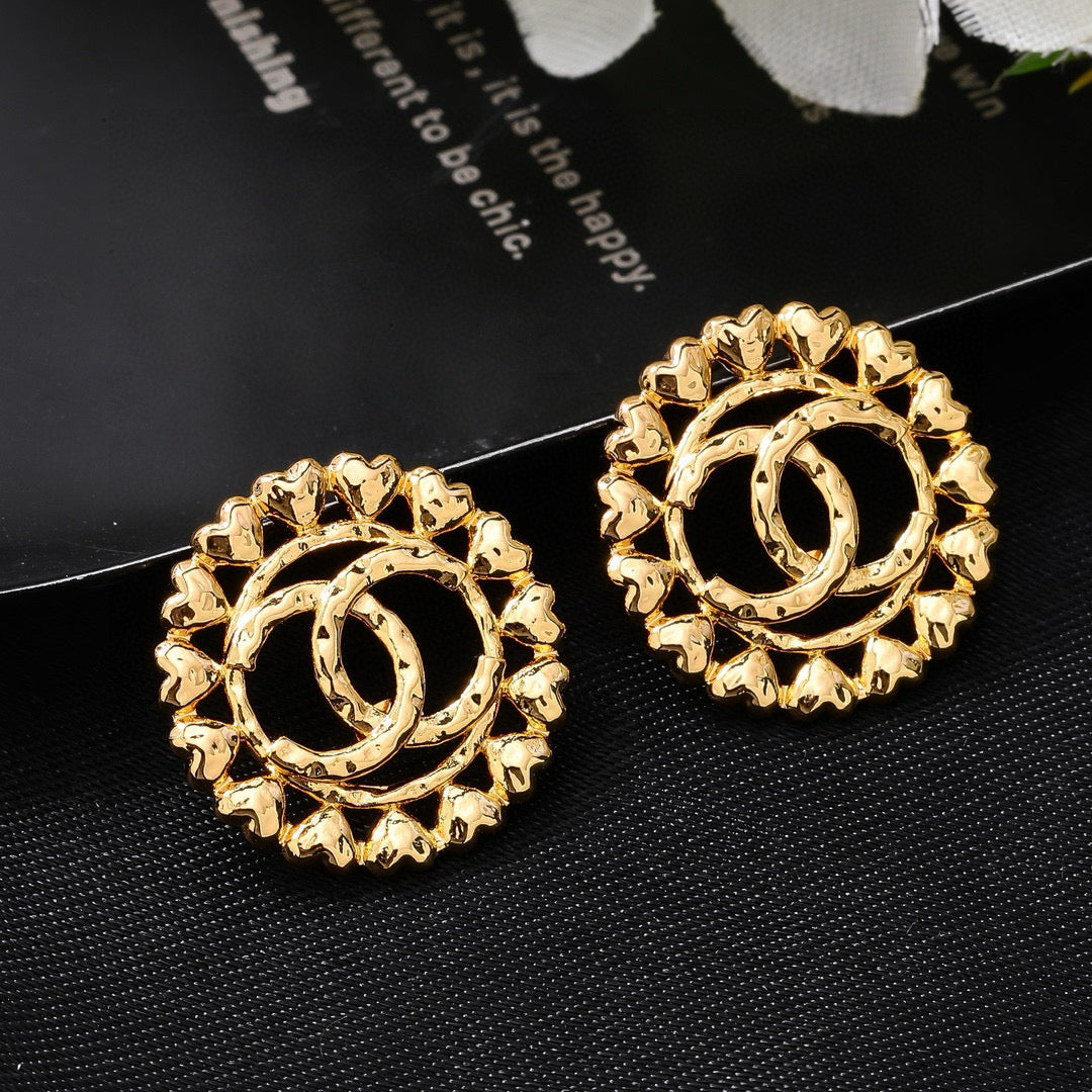 CC Metal Heart Double C Gold Earrings