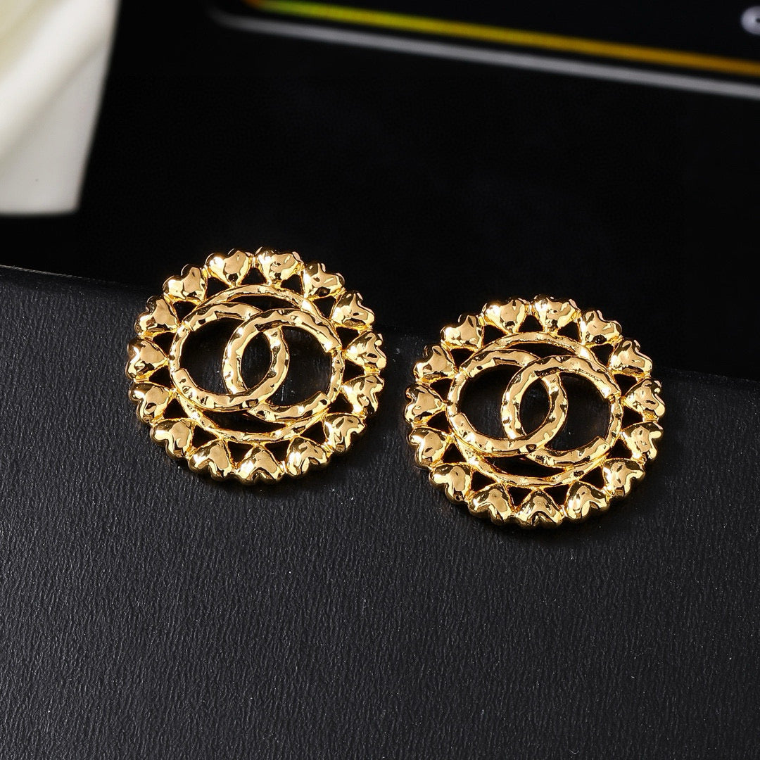 CC Metal Heart Double C Gold Earrings