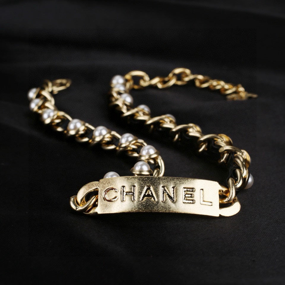 CC Choker Black Gold Pearl Leather Necklace