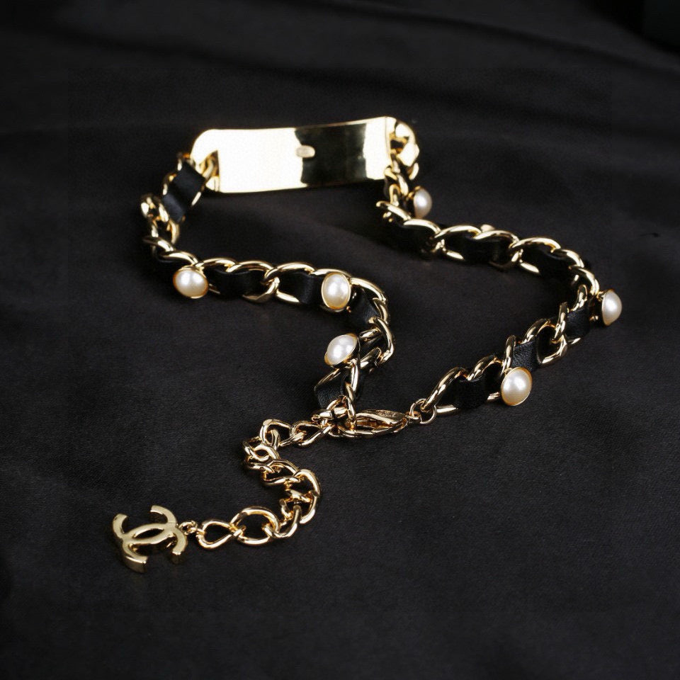 CC Choker Black Gold Pearl Leather Necklace