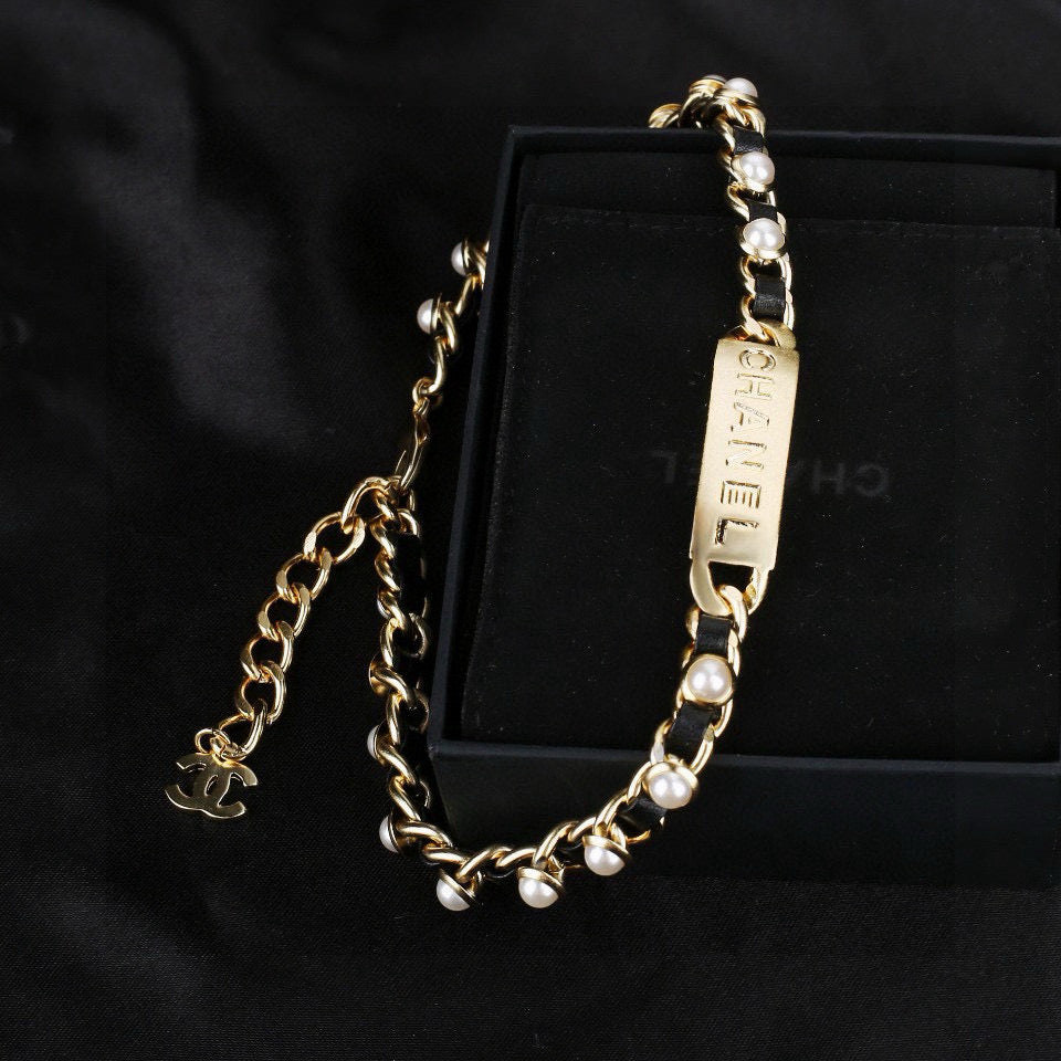 CC Choker Black Gold Pearl Leather Necklace