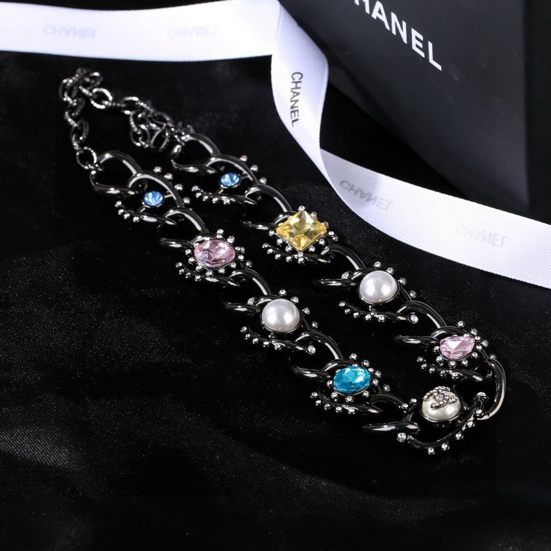 CC Multicolor Crystal Pearl Black Necklace
