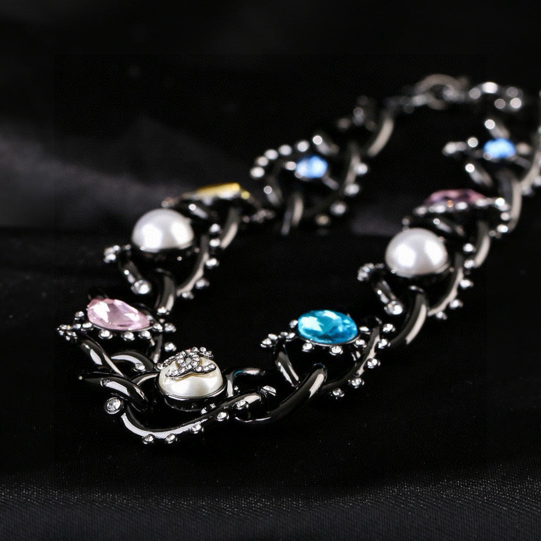 CC Multicolor Crystal Pearl Black Necklace