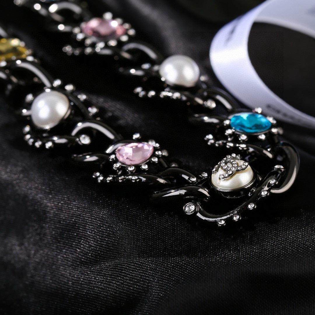 CC Multicolor Crystal Pearl Black Necklace